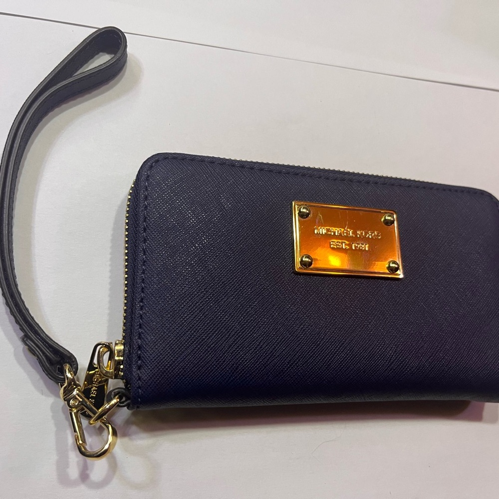 Michael Kors Zip around wallet MK navy Blue Saffano Leather Wallet